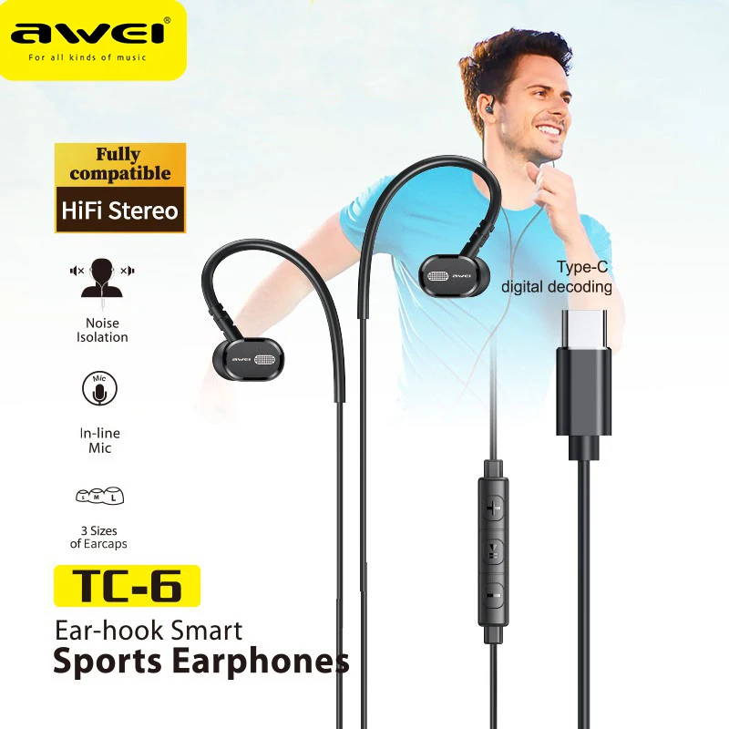 Awei TC-6 fone de ouvido tipo C com fio USB C fones de ouvido com cancelamento de ruído fone de ouvido cor preta para todos os fones de ouvido esportivos atacado