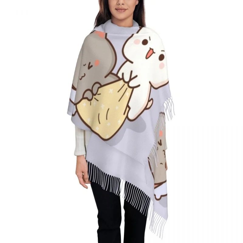 

Luxury Peach And Goma Mochi Cat Wake Up Tassel Scarf Women Winter Warm Shawls Wraps Ladies Scarves