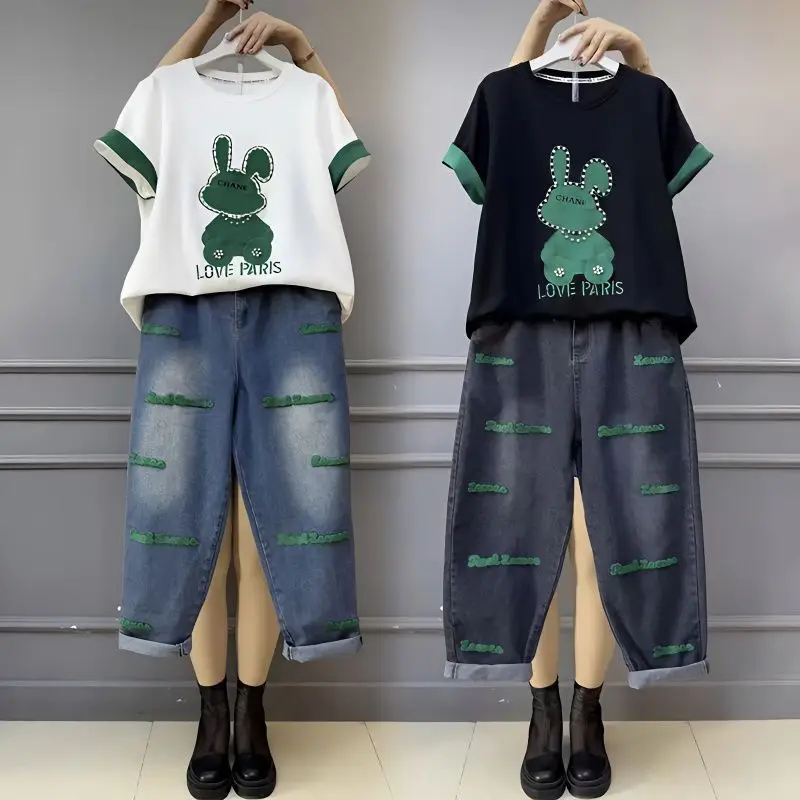 2024 Spring Oversized Women's New Cartoon T-shirt Women's Short Sleeved Casual Fashion Pants Casual Two-piece Set