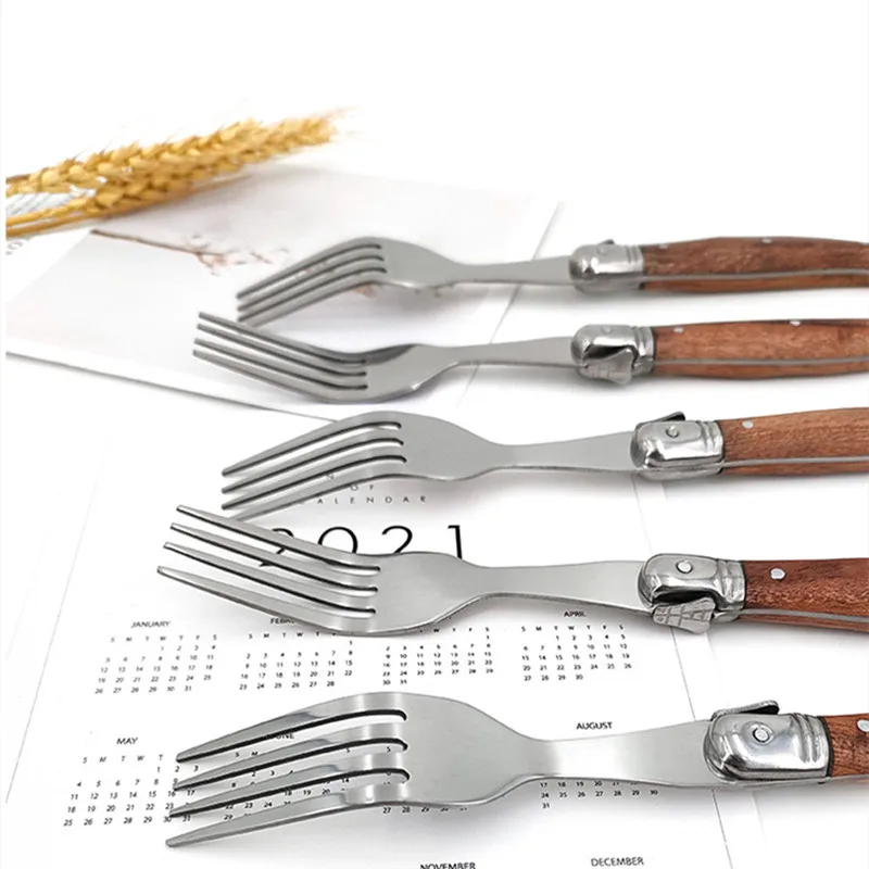 4-24pcs Laguiole 스테이크 나이프 디너 포크 테이블 스푼 미니 커피 티스푼 나무 손잡이 칼 붙이 레스토랑 바 나무 식기