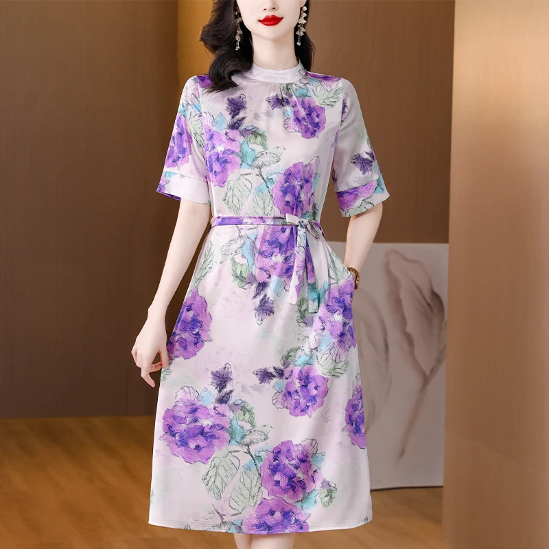 

Silk dress in the long 2023 autumn fashion temperament casual new short sleeve ink printing waist silk skirt