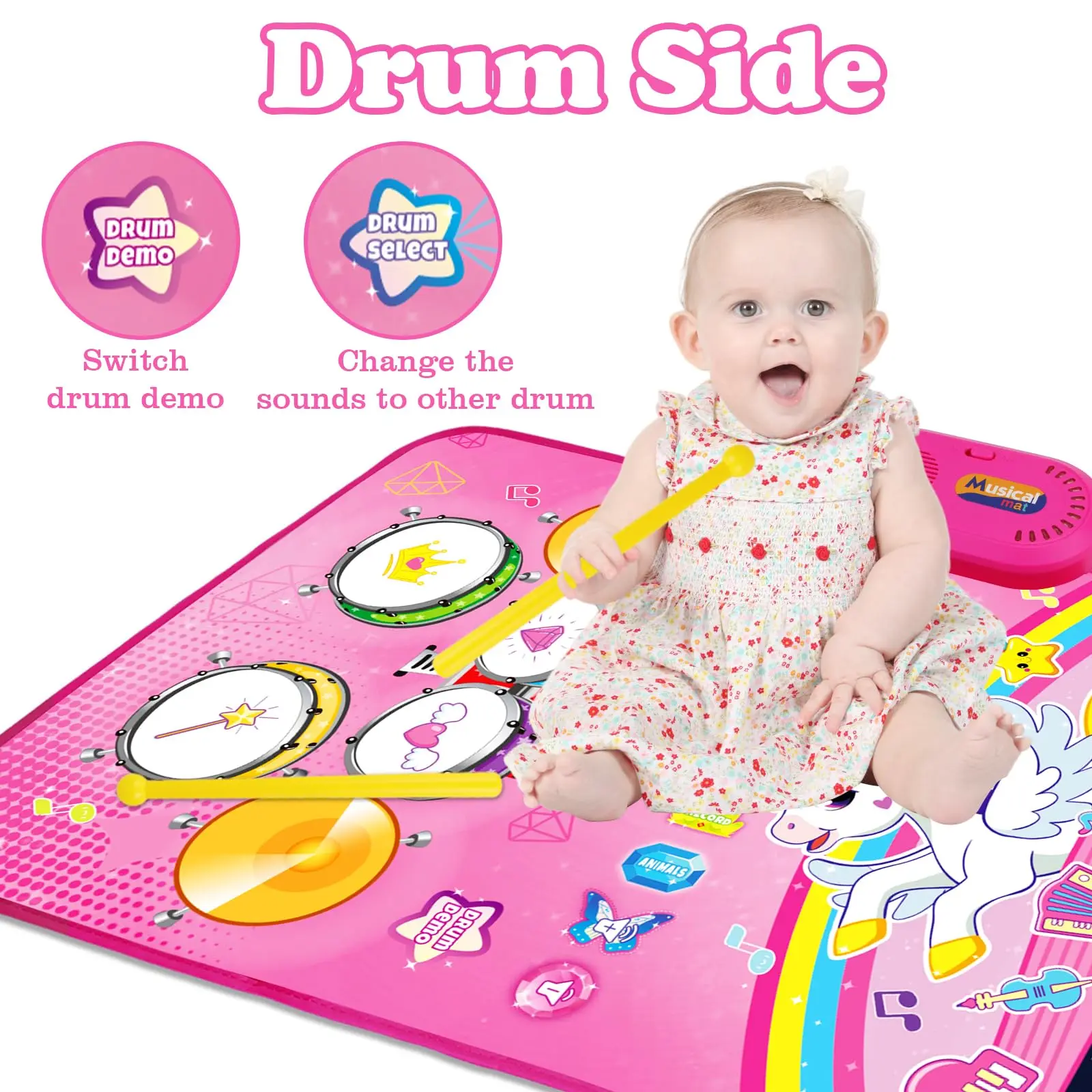 Baby Musical Mat Toddler Toys 3 in 1 Piano Drum Animal Touch Unicorn blanket Toys Babies Birthday Gifts for 0-3 Year Boys Girls 3