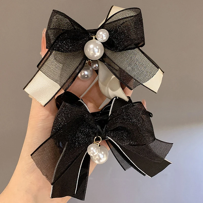 

Korean Hair Clip Women Mesh Bow Hair Clips Fashion Preppy Style Big Pearl Hairpin Hair Tie Fashion Hair Accessories