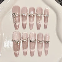 Handmade Press On Nails Pink Crystal Cat's Eye Long Artificial Nails 10pcs Glitter Diamond French False Nails Almond Wearable