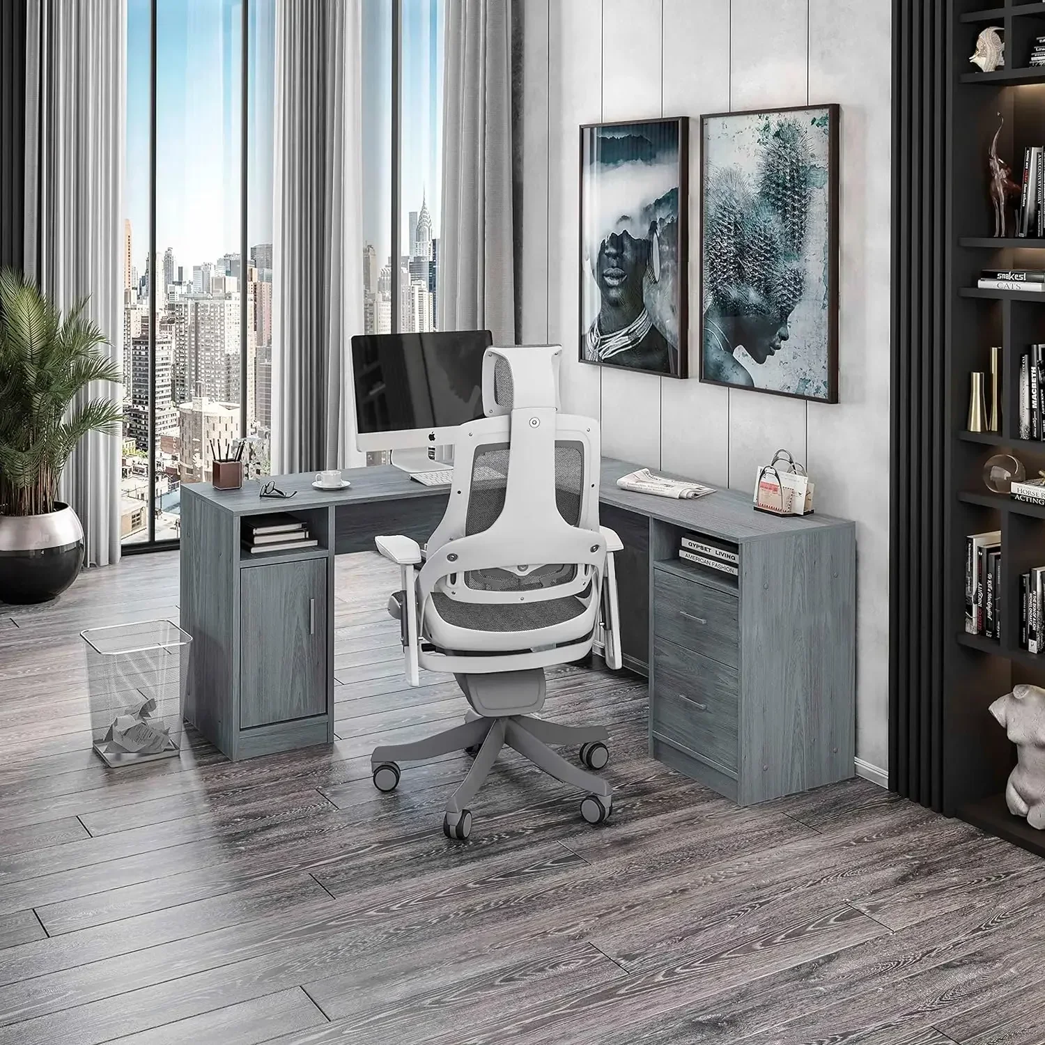 

L-Shaped Computer Desk with storage, L is ⁠59.5" wide x 59.5" Long, Grey