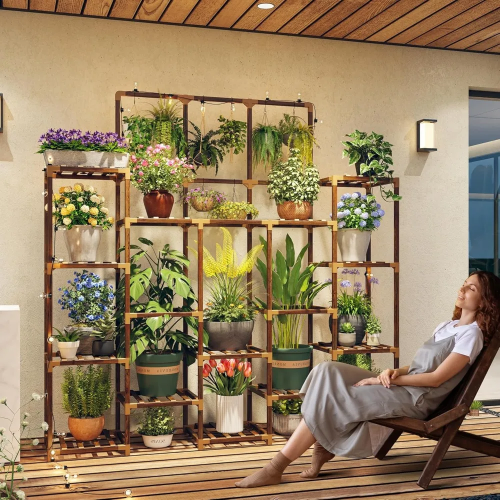 Large Wooden Plant Rack, 4-Tier, 63.1 "High, Indoor, Outdoor, Capable, Indoors, 22 Pots 3