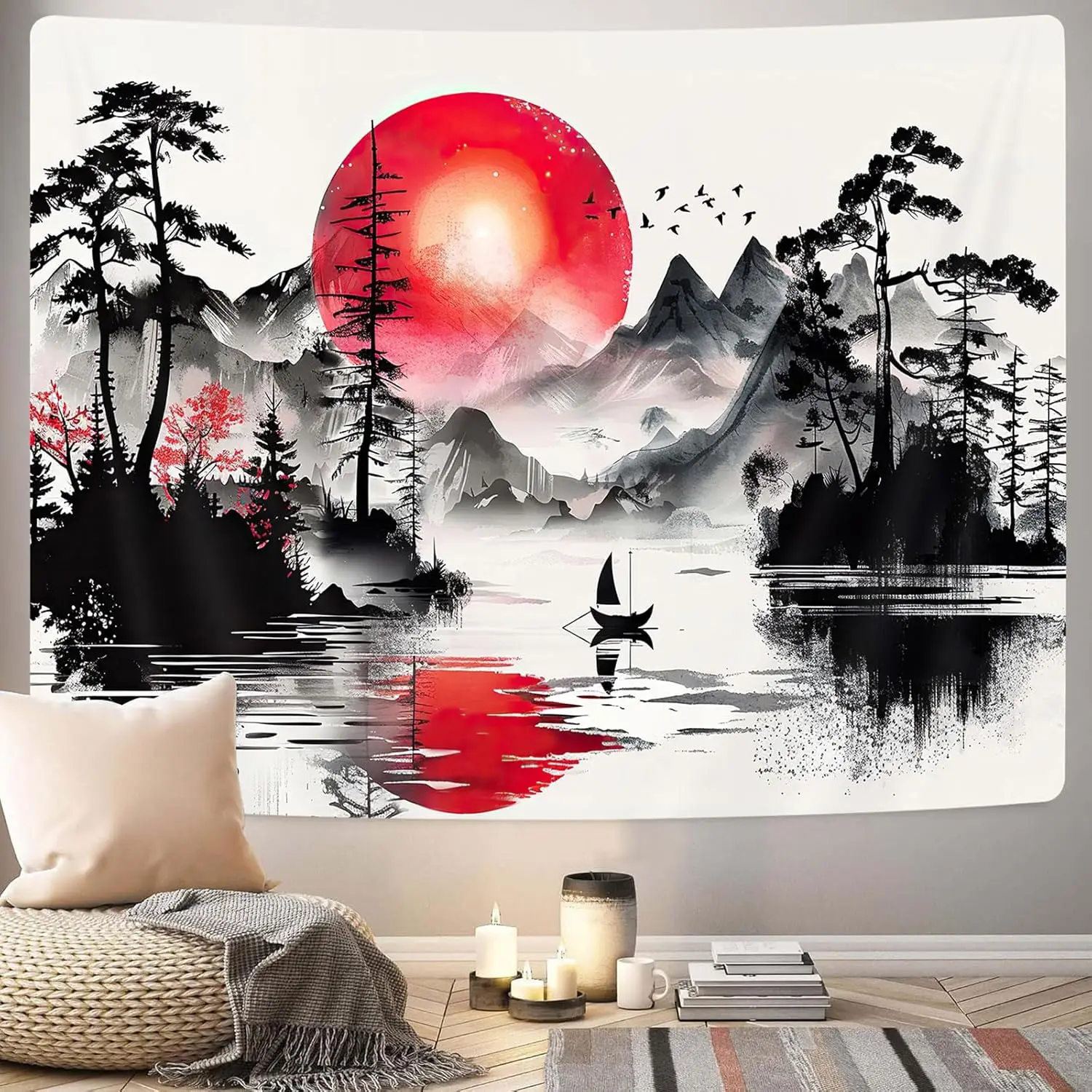 Red Black Forest Tapestry Anime Mountain Tree Sun Beautiful Tapestry Wall Hanging Living Room University Dormitory Decoration