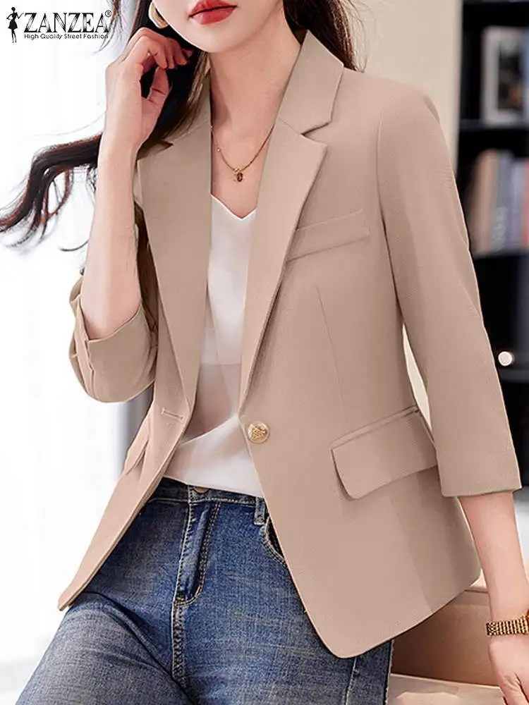 Fashion Women OL Work Blazer Autumn Jackets Thin ZANZEA Elegant Lapel Neck 3/4 Sleeve Suits Office Lady Coats Solid Outwear