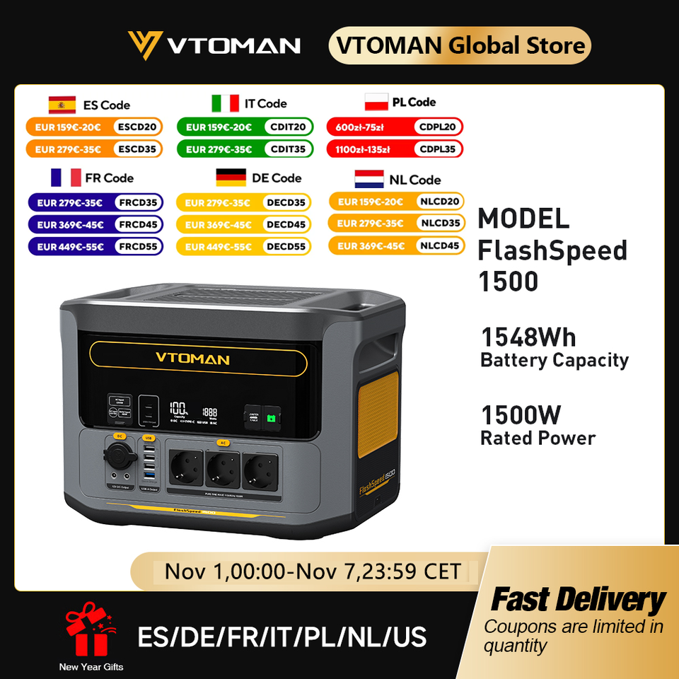  VTOMAN FlashSpeed 1500 Portable Power Station 1548Wh LiFePO4 Battery with 3000W Peak for Outdoor Camping RV Home Energy Power 
