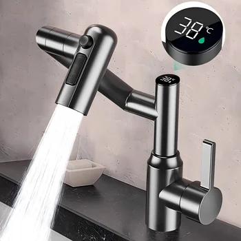 Rubinetto per lavabo a LED con display digitale 360 °   Rubinetto per lavaggio miscelatore lavello acqua calda fredda con spruzzatore a flusso multifunzione a rotazione per bagno 1