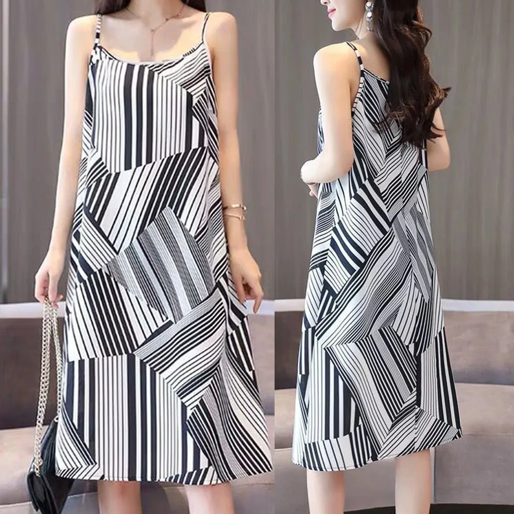 

New In Dresses Clubs Festival Casual Stripes Round Neck Sleeveless Hem Loose Summer Dress Women 2023 Simple Dress Vestidos