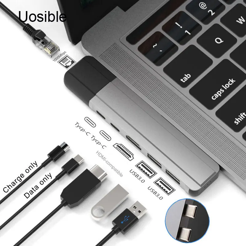 

Uosibel 6-1 USB C Hub to HDMI-compatible 4K Rj45 1000M with Hub 3.0 TF SD Reader Slot PD USB-C Dock for MacBook Pro/Air M2