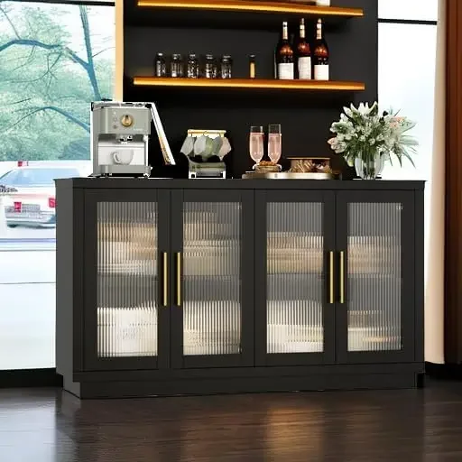 55.1" Large Sideboard Cabinet, Modern Sideboard Kitchen Cabinet with  Wood Coffee Bar Cabinet Buffet Table for Kitchen, Black 6