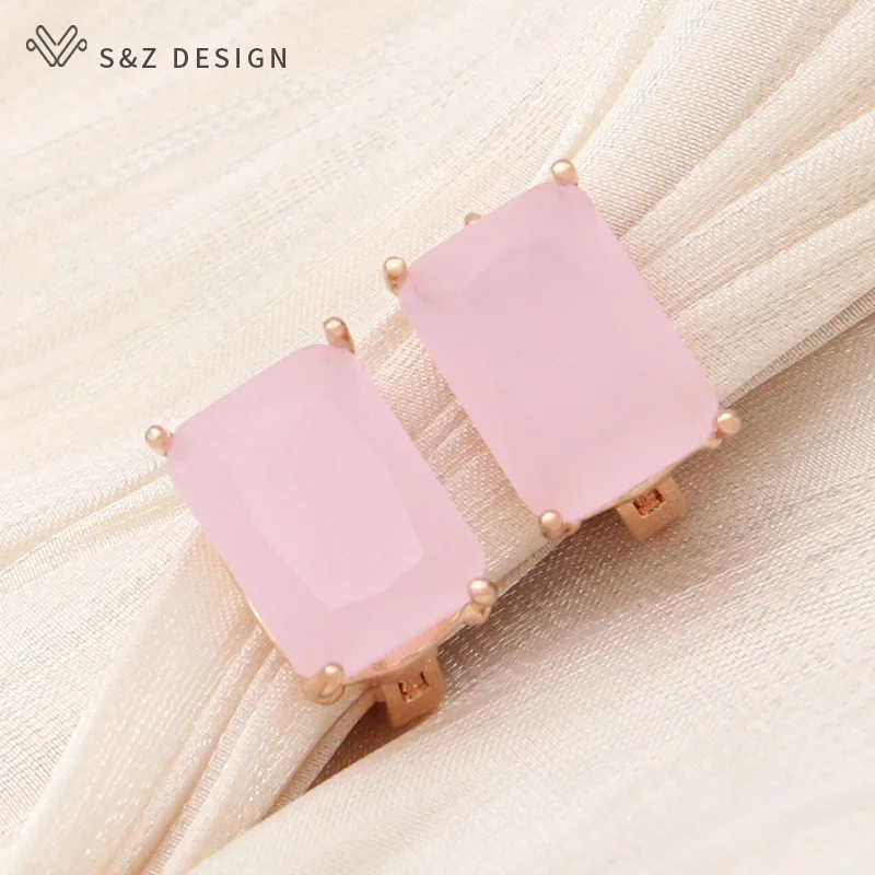 S&Z DESIGN New Fashion Elegant Pink Rectangle Crystal Dangle Earrings For Women Girl Wedding Party Jewelry Eardrop Fine Gift