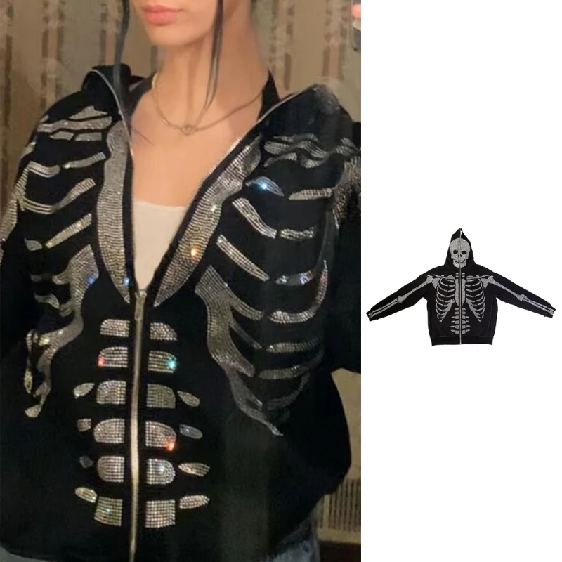 Govbat Sweat à Capuche Surdimensionné à Fermeture éclair Pour Femme - Costume D'Halloween à Manches Longues - Automne - Squelette, Gris 02, Petit