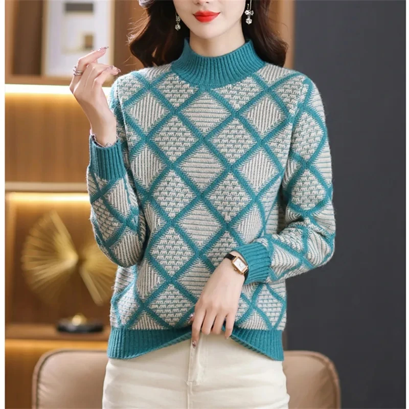 

Fashion Joker Half-high Collar Contrasting Jacquard Pullover Sweater In Autumn And Winter The New Loose And Thick Sweater Jacket