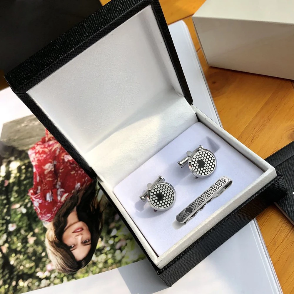 PJS Cuff Links MB Tie Clip HBlack hexagonal pattern 1:1 High Quality Black Man Shirt Cufflinks Classic Buttons With Box Set