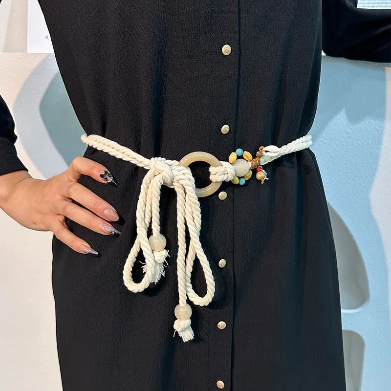 

Тканый пояс, Женский поясной ремень, винтажный ремень из пеньковой веревки с круглой пряжкой для джинсов, корсет, пояс на бедра, высокий пояс для платья, аксессуары