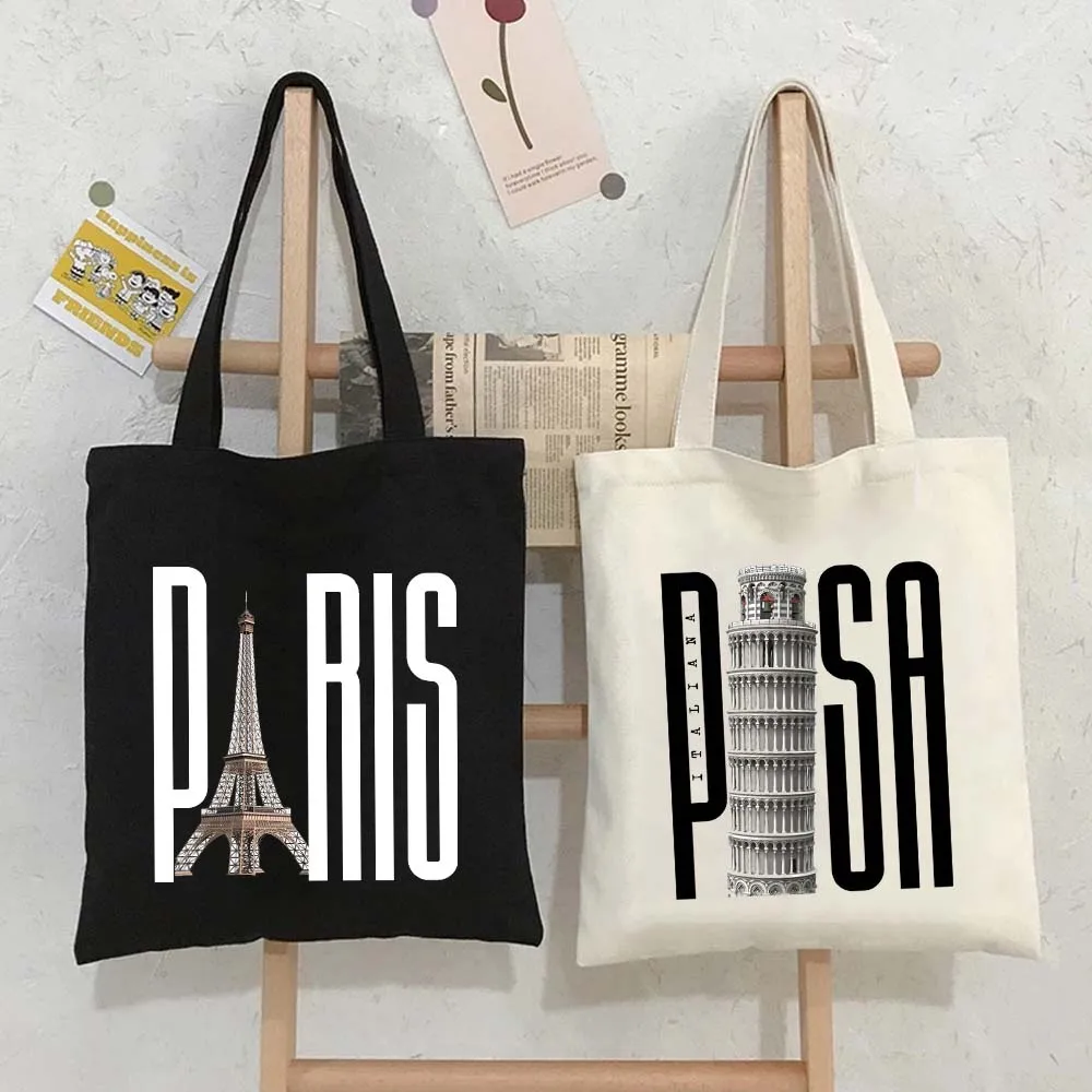 

London New York Amsterdam Miami San Francisco Split Vegas Paris Letter Women's Canvas Shoulder Totes Bag Cotton Shopping Handbag