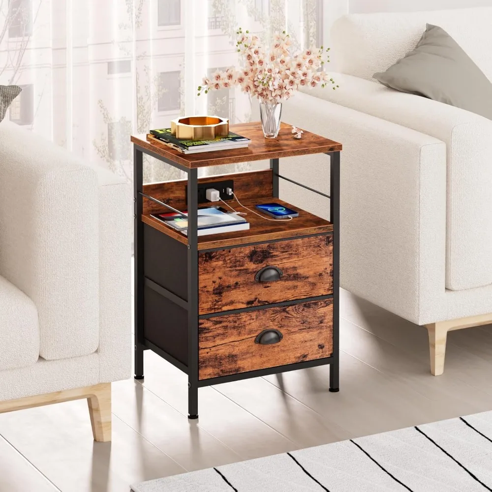 Nightstand Set of 2, Charging Station and USB Ports, Side Tables with 2 Fabric Drawers, Bedside Tables 6