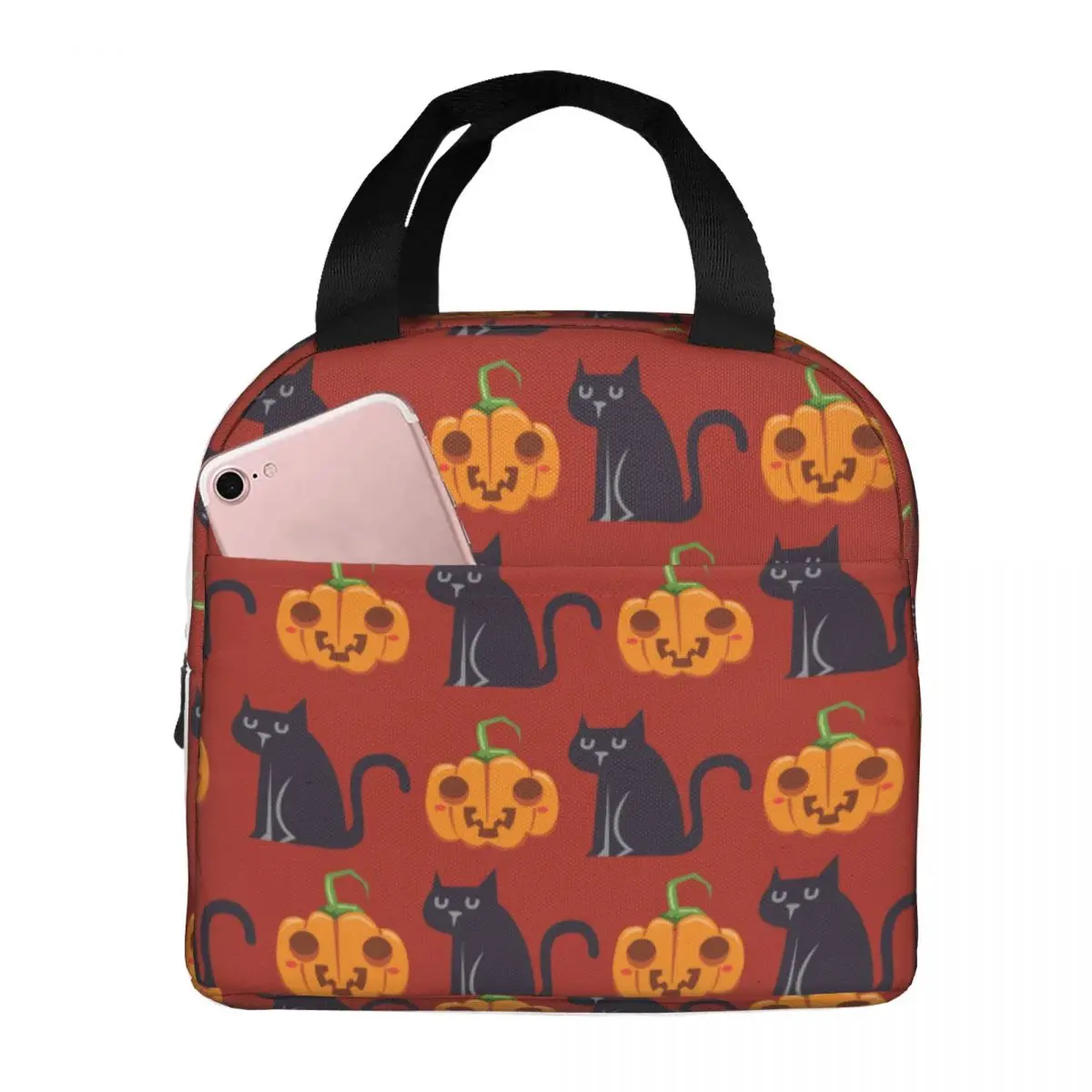 

Halloween Black Cat Portable Aluminum Foil Thickened Insulation Lunch Bag 8.5x5x8 Inch