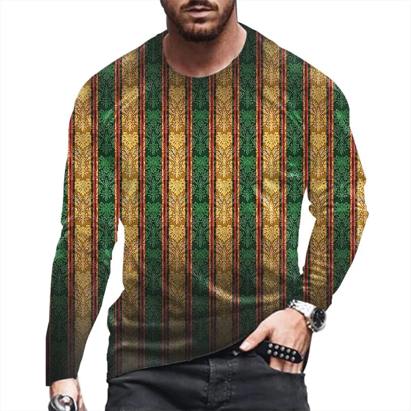 

Spring and Autumn Stripes Personalized Men's Underlay Fashion Round Neck Print Pullover T-shirt Hip Hop Sports Long Sleeve