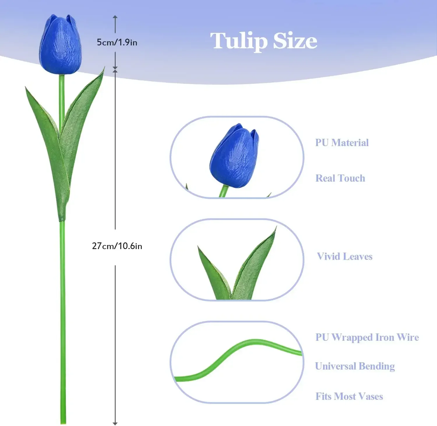 Veryhome Kunstbloemen set van 10 tulpen van latex, voelen als echt aan, voor bruiloftskamer, thuis, hotel, party, doe-het-zelf decoratie, koningsblauw