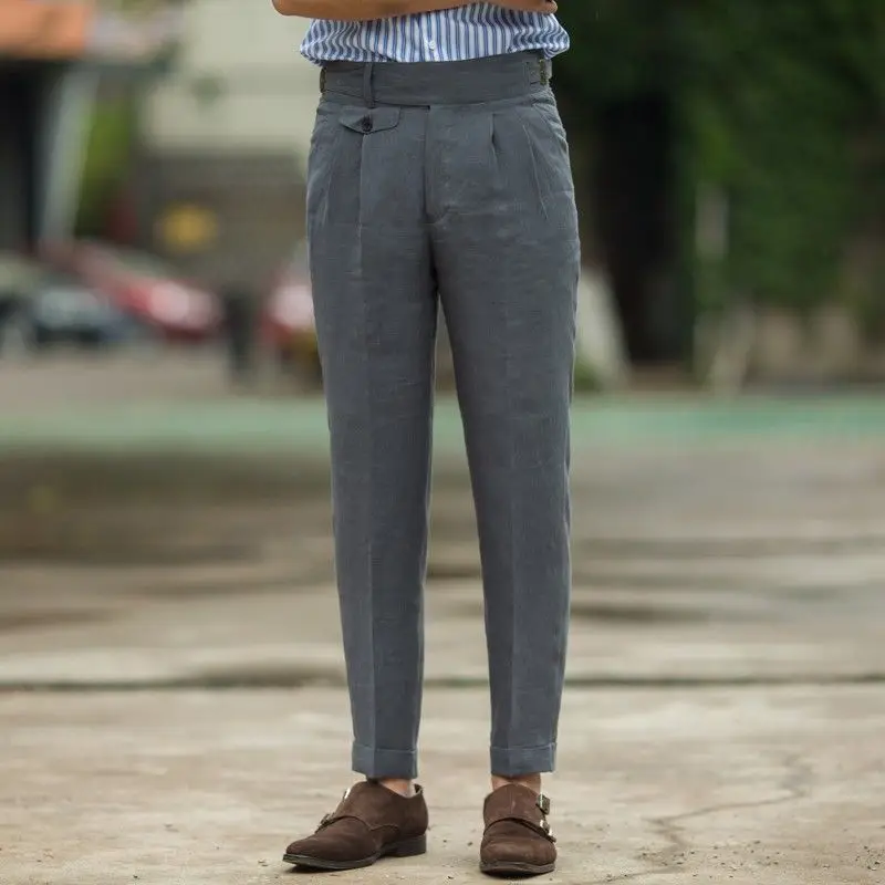 

2022 Spring Summer Men's New Linen Business Casual Pants Male Thin Solid Color Trousers Men High Waist Loose Straight Pants V84