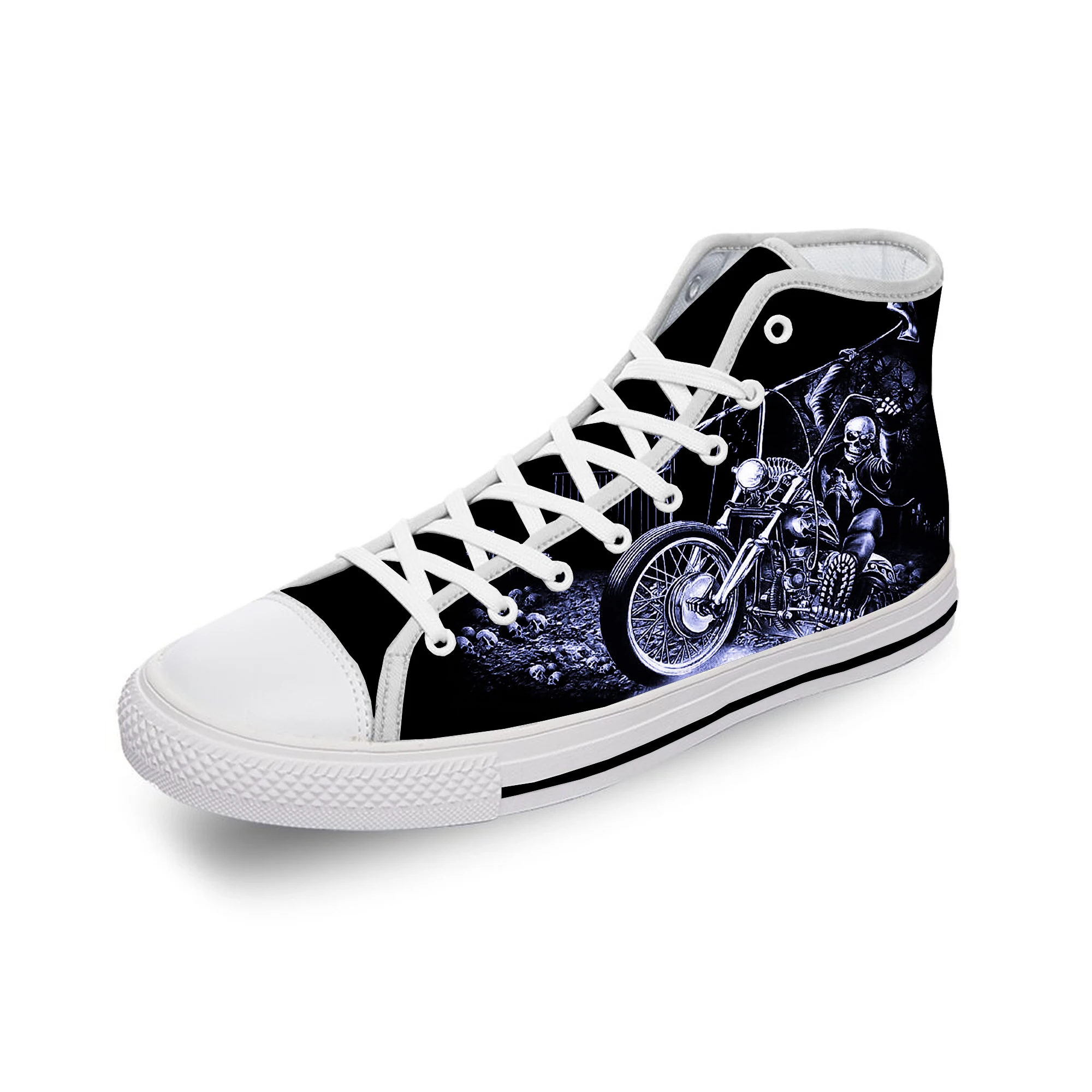 Motorcycle Skull Punk Funny Cool White Cloth Fashion 3D Print High Top Canvas Shoes Men Women Lightweight Breathable Sneakers