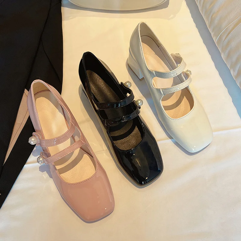Women Double Buckle Mary Janes Shoes Patent Leather Party Shoes High Heels Pumps Fashion Ladies Shoe Black Pink Women Pumps