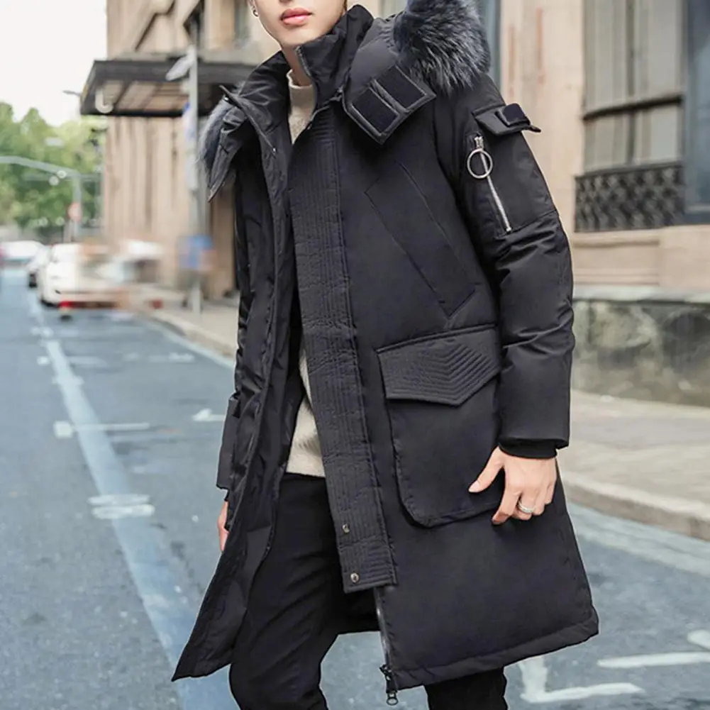 Cold Weather Outerwear Men's Fur Collar Hooded Down Jacket with Zipper Placket Pockets Long Sleeve Winter Coat for Cold Weather