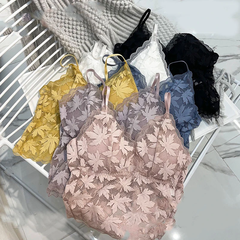 2021 Female Summer Crop Tank Top Women Fashion Deep V Lace Bras Embroidery Floral Tank Top Bra Wrapped Chest Camisole Padded Bra