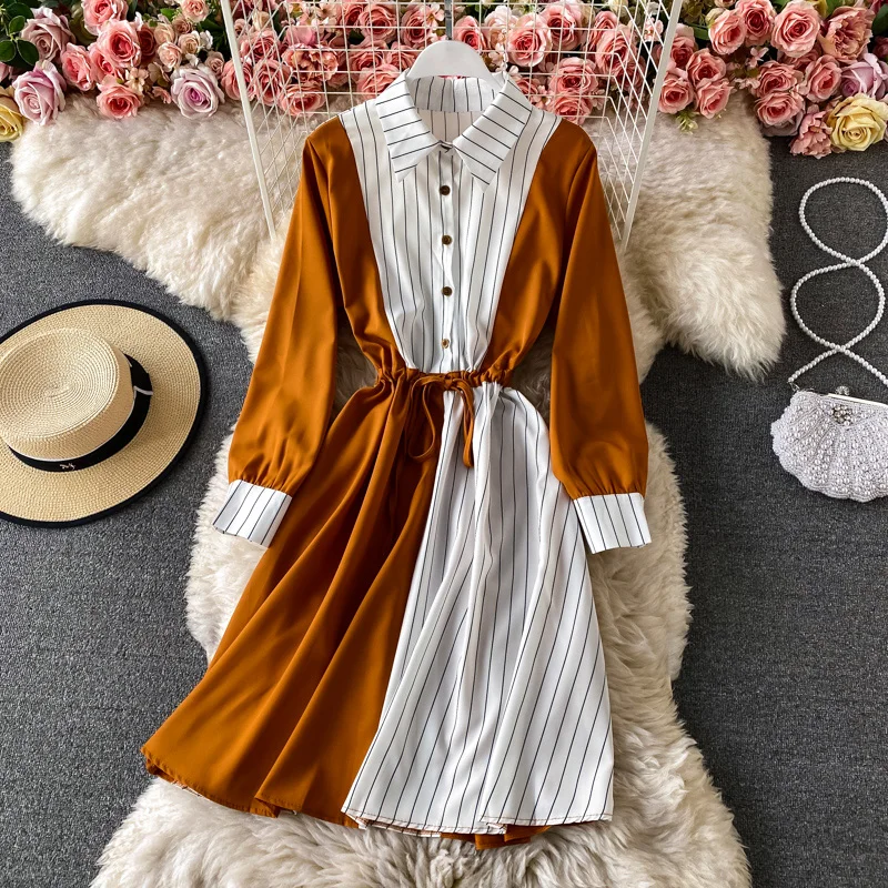 

Spring New Fashion Temperament Waist Slim Shirt Dress Long-sleeved Striped Stitching Mid-length Dress Women