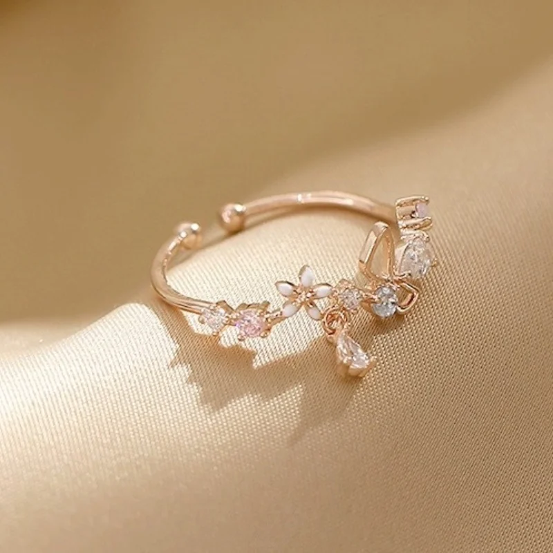 Sweet CZ Crystal Zircon Flowers BowKnot Ring for Women Korean Style Creative Design Open Rings Princess Jewelry Gift