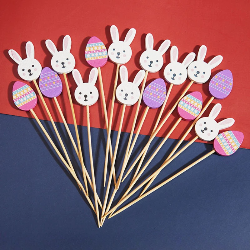 Easter Skewer Cartoon Bunny Egg Salad Stick Disposable Food Bamboo Toothpick 50/100Pcs