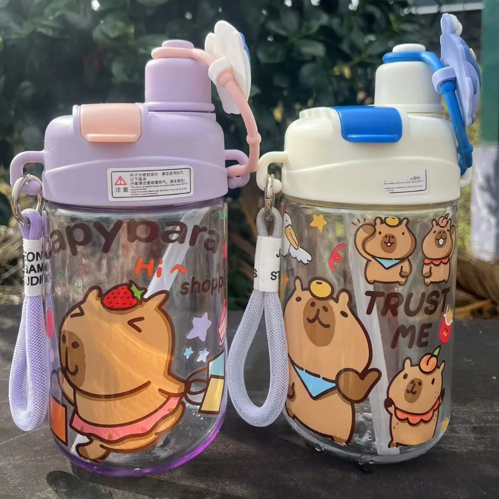 대용량 카피바라 물병 TPR PP 빨대 600ML 이중 음용컵 낙하 방지 탈부착 가능한 손잡이 휴대용 물병 스포츠용