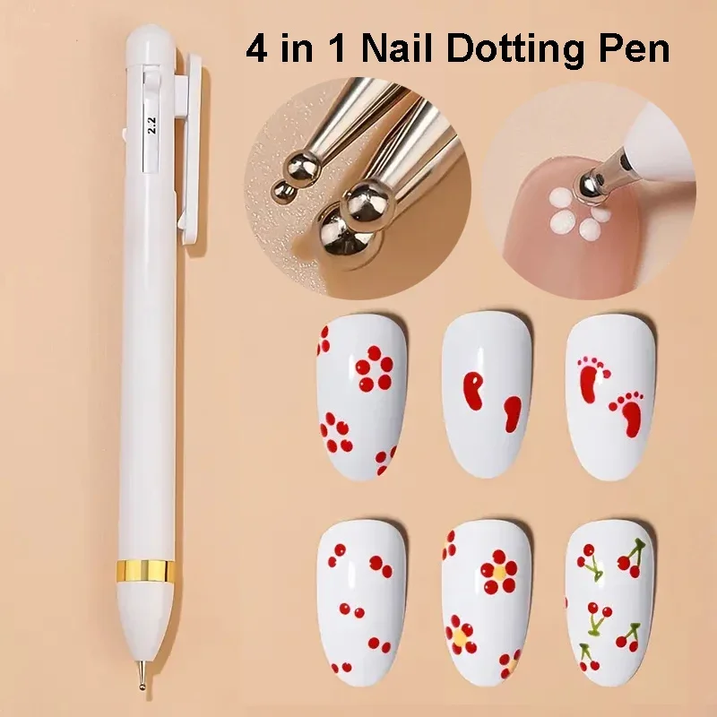 4 in 1 Nail Point Diamond Pen Nail Drill Pen Point Dot Painting Tools in Ballpoint Pen Design Nail Art Tip Paint Manicure Tools