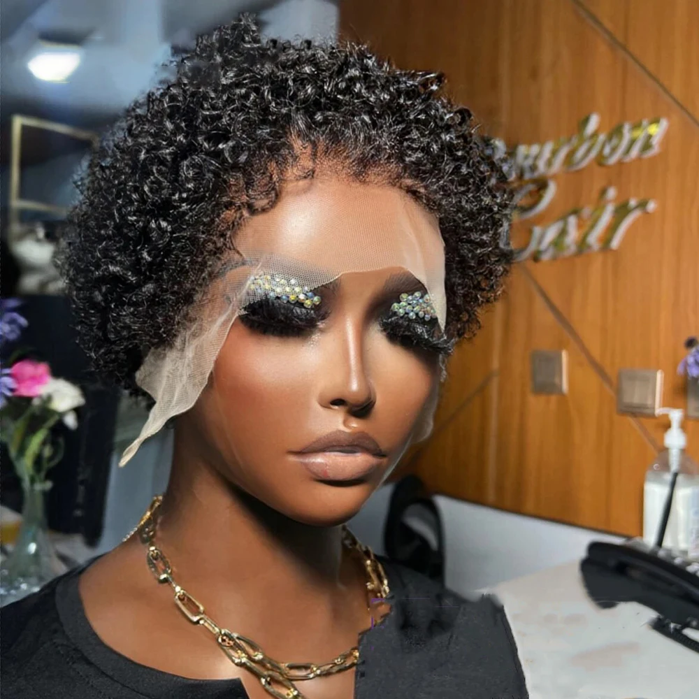 Short Wigs Human Hair Jerry Curly Human Hair Wigs 99J Pixie Cut Bob Wig Transparent 13x4 Lace Frontal With Curly Edges