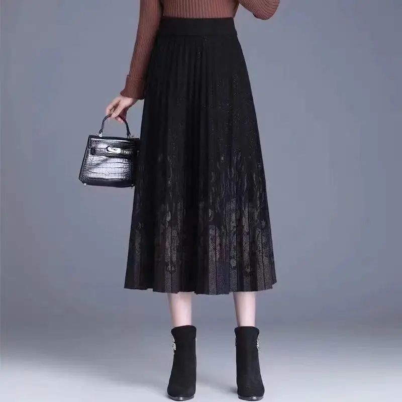 2023 New Autumn and Winter Knitted Woolen Skirt Elegance Fashion Versatile Mid Length High Waist A-line Skirt Pleated Half Skirt