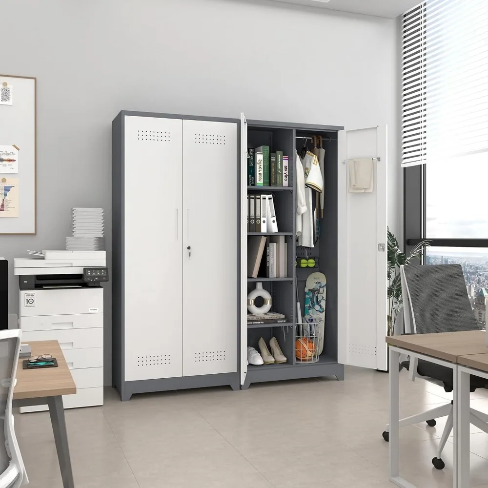 72.8" H Metal Tool Storage Cabinet, Broom Closet Storage Cabinet with Hooks, Garage Storage Cabinet with Shelves，	Grey-white 4