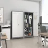 72.8" H Metal Tool Storage Cabinet, Broom Closet Storage Cabinet with Hooks, Garage Storage Cabinet with Shelves，	Grey-white 4