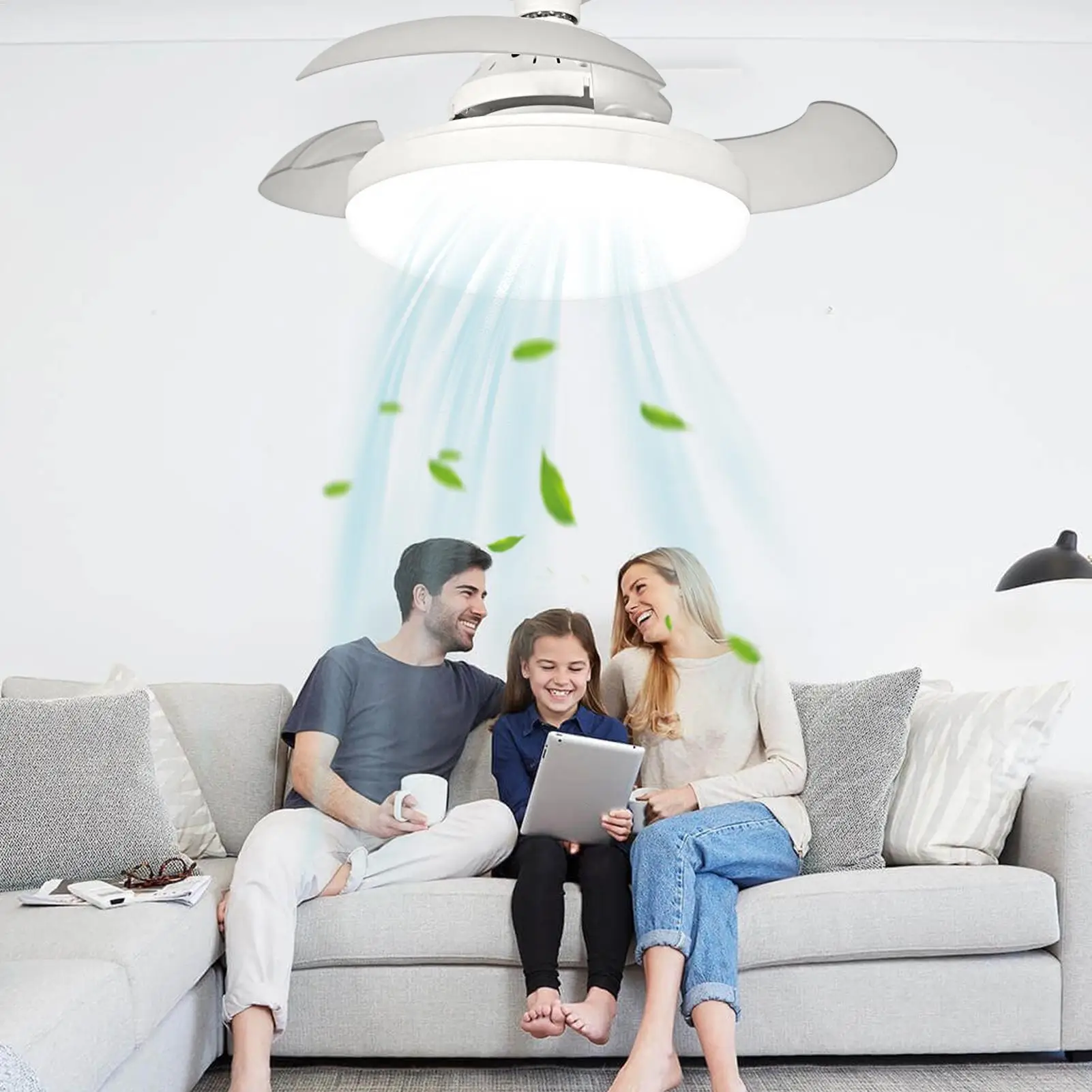 Ceiling Fan with Lights Remote Control Retractable Ceiling Fan Multi-Functional Noiseless Blower Space-Saving Device for Living