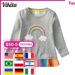 VIKITA Girls t shirt Long Sleeve Sequins t shirts for Girls Kids Baby Girl Unicorn Tops Children Cotton t shirts Casual Wear