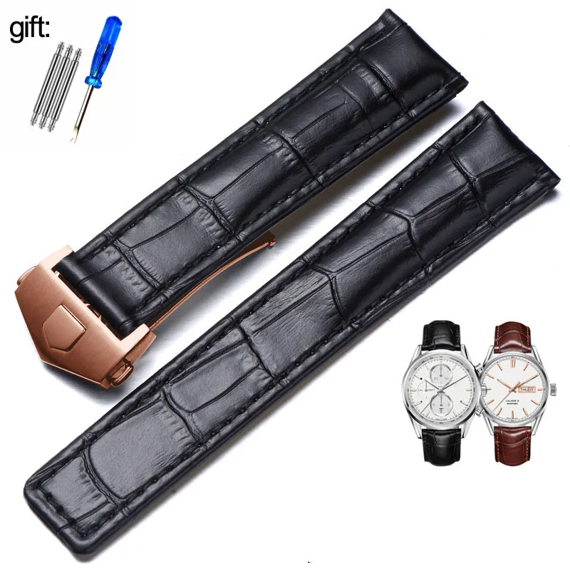 Elegant Genuine Leather Watch Strap - Black/Brown, 19mm-22mm