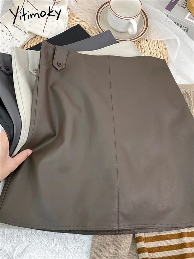 

Yitimoky Leather Mini Skirt for Women High Waisted Casual Pu Skirts Chic Ladies Streetwear Skirts Fall Winter 2022 Korean New