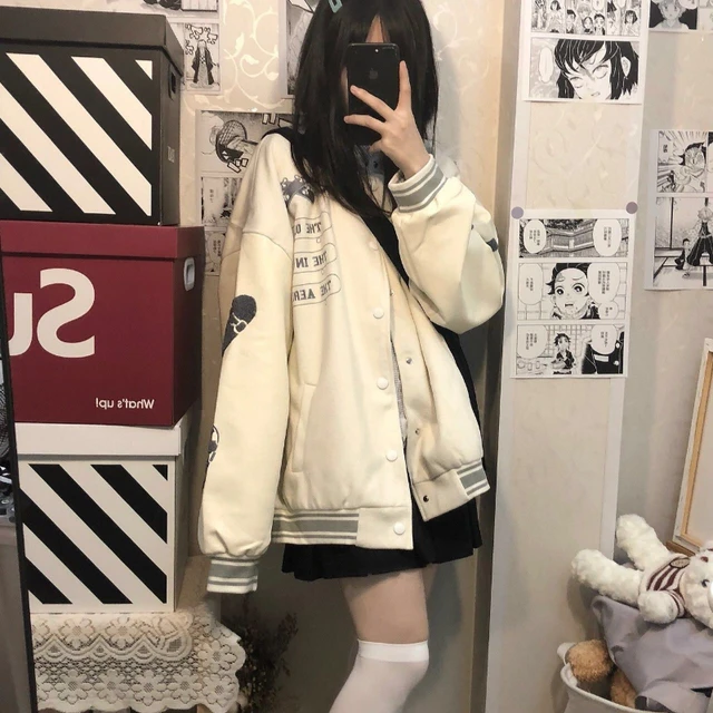 HOUZHOU Vintage Varsity Jacket Women Oversize Baseball Jackets