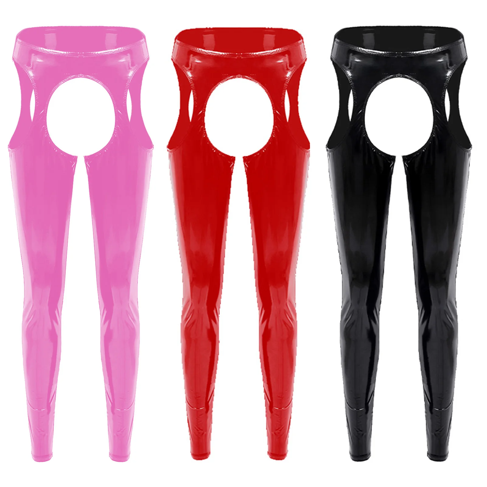 Women Leggings Women High Waist Cutout Skinny Leggings PVC Leather Pencil Pants Clubwear Crotchless Open Butt Latex Trousers Pole Dance Costume