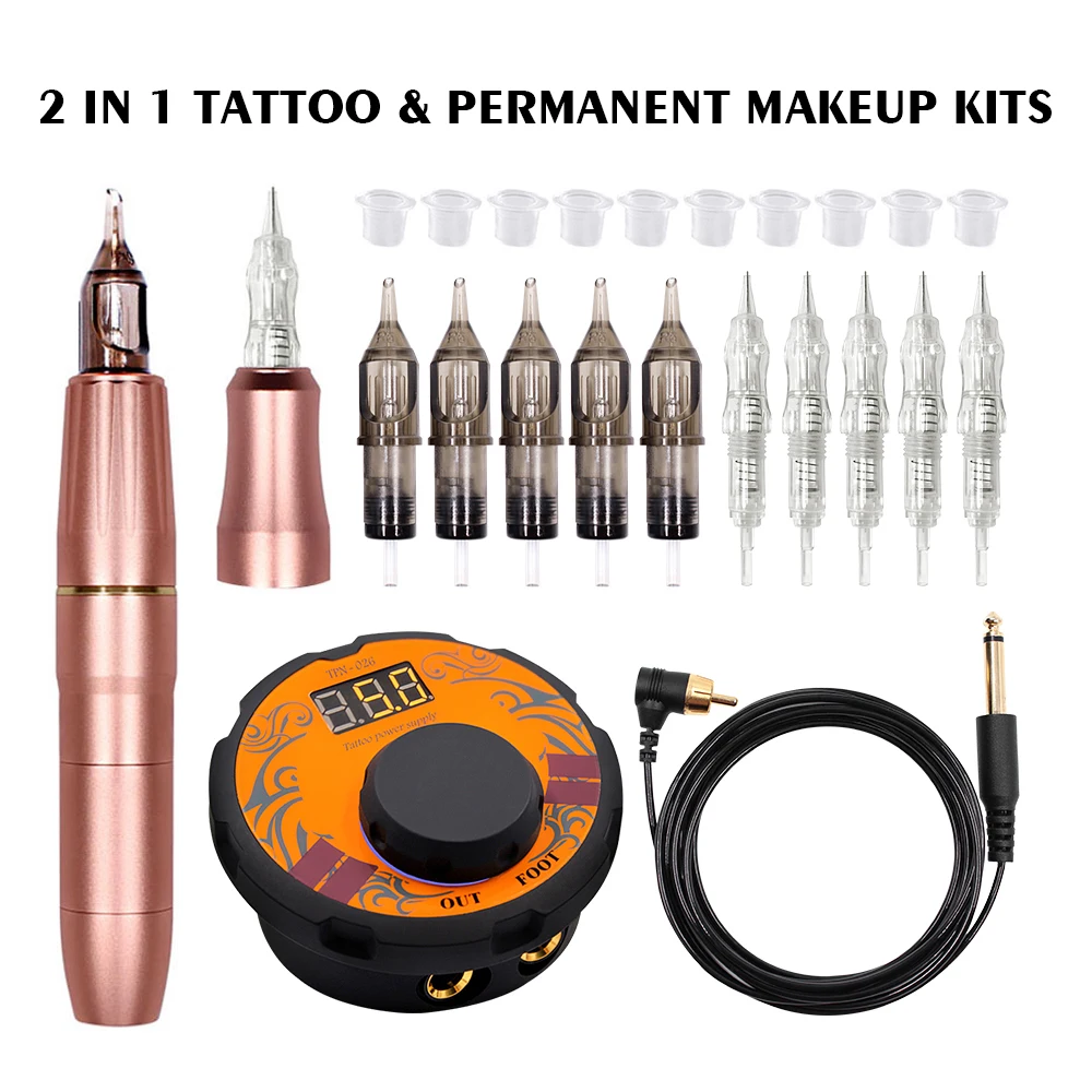 

BIOMASER Newest Permanent Makeup Tattoo Machine with 2 Head Rose Gold Microblading Pen Equipment 3D Microblading Tattoo Gun Set