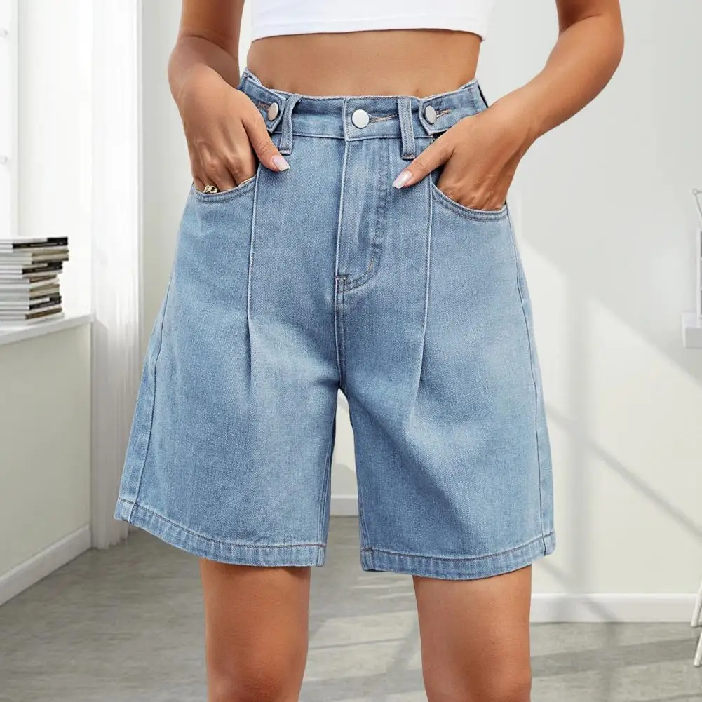

Women's Knee-length Jeans Buckle Waist Zipper Pocket Solid Color Loose Stretch Women's Denim Shorts Casual Shorts