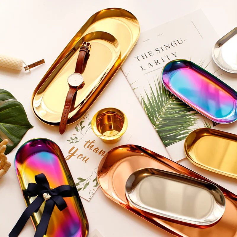 

Nordic Gold Trays Oval Electroplated Metal Stainless Steel Swing Plate Creative Home Decoration Fruit Tray Tea Tray Storage Tray